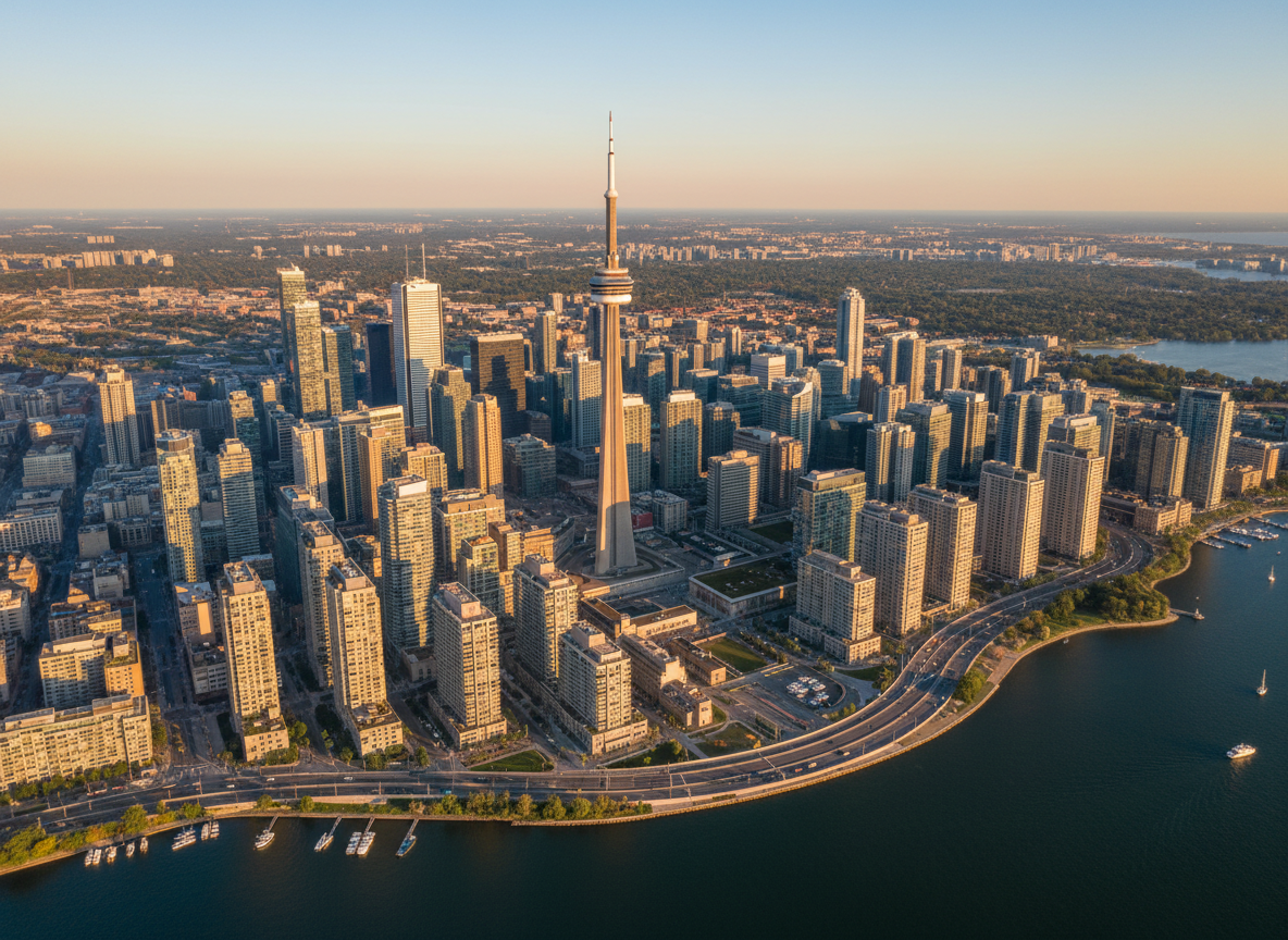 An expansive aerial photographic view of Toronto’s downtown core at golden hour, with the CN Tower, Lake Ontario shoreline, and dense city grid clearly visible. Warm sunlight reflects off glass skyscrapers, while long, soft shadows stretch across the streets, giving rich texture to the urban landscape. The sky is clear with a gentle gradient from pale blue to warm orange at the horizon. The composition uses a wide-angle lens and sharp focus throughout, emphasizing the scale and complexity of the city. The mood is optimistic and energetic yet orderly, perfect for illustrating a vision for the future of Toronto in a professional municipal campaign context.