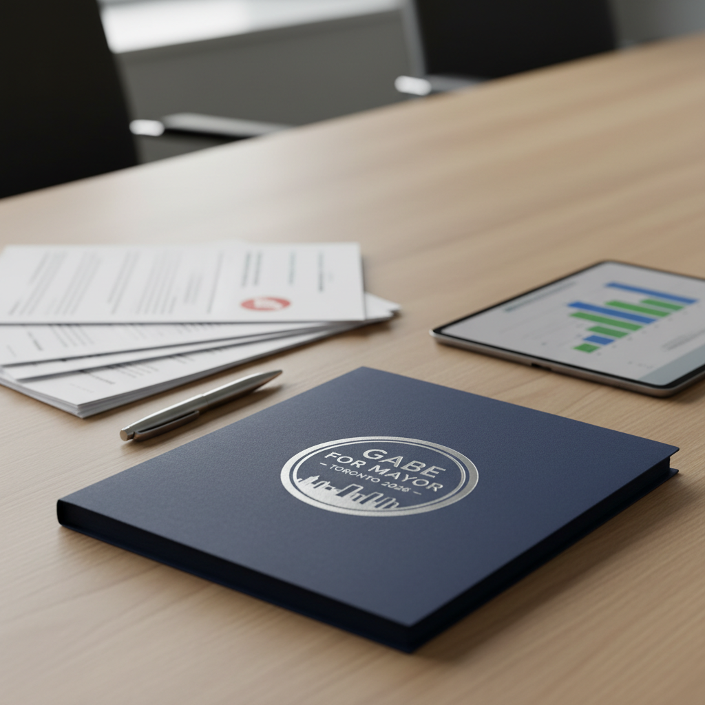 A detailed close-up of a thick, navy-blue campaign folder embossed with a silver "Gabe for Mayor – Toronto 2026" seal, resting neatly on a light oak conference table. Around it are neatly arranged policy documents, a stainless-steel pen, and a modern tablet showing a blurred chart of city data. Soft, cool daylight from a nearby office window creates subtle highlights on the metallic pen and the embossed logo, casting clean, minimal shadows. Captured in photographic realism from a slightly elevated angle, with shallow depth of field emphasizing the folder while the background melts into tasteful bokeh. The atmosphere is organized, analytical, and highly professional, ideal for a policy or platform section.