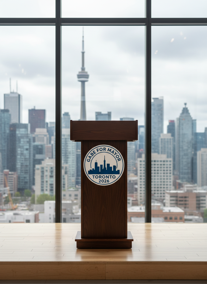 A polished wooden podium bearing a clean, modern "Gabe for Mayor – Toronto 2026" emblem in deep blue and white, standing on a simple stage in front of a large, slightly out-of-focus Toronto skyline backdrop. The CN Tower and high-rise buildings are visible through a tall glass window wall behind the podium. Soft, diffused daylight from an overcast sky illuminates the scene, creating gentle reflections on the glass and a subtle sheen on the podium’s surface. Photographic realism with an eye-level composition and moderate depth of field keeps the podium in crisp focus while the city beyond blurs slightly. The mood is professional, hopeful, and forward-looking, suited for a mayoral campaign homepage hero image.