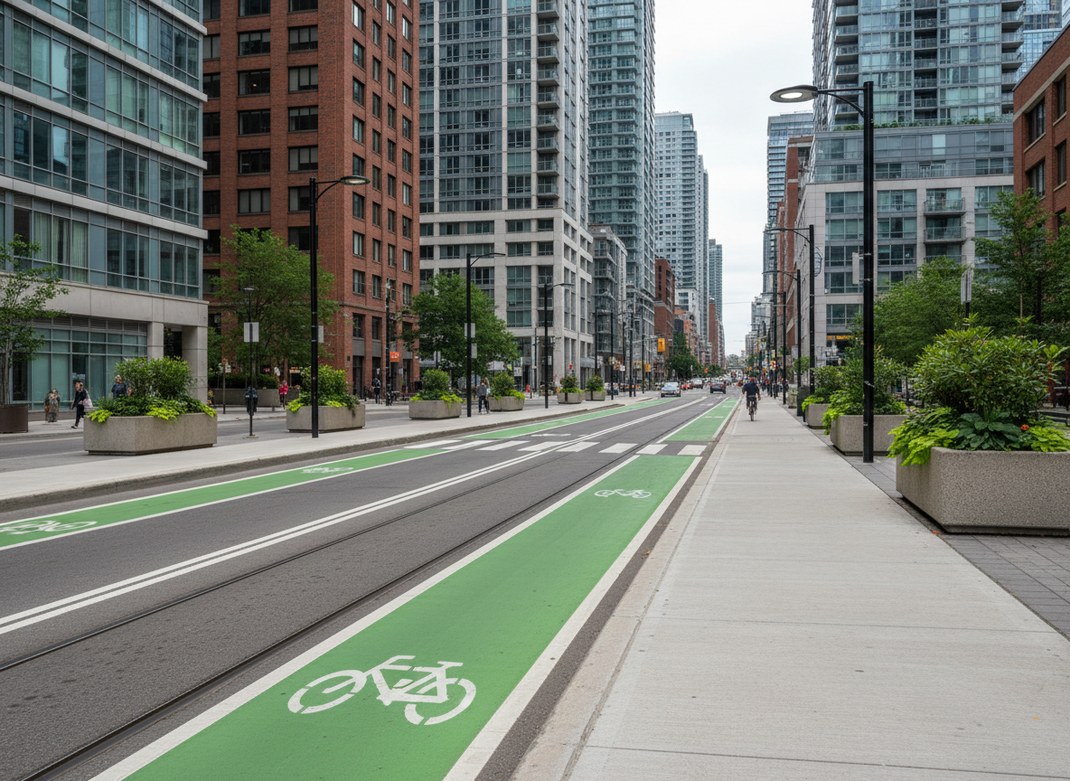 A meticulously maintained urban street in Toronto featuring clean sidewalks, freshly painted bicycle lanes, and modern, energy-efficient streetlights. Planter boxes with healthy green shrubs line the curb beside clearly marked crosswalks and a visible but non-dominant streetcar track curving into the distance. Overcast daylight provides soft, even lighting with minimal harsh shadows, emphasizing the textures of pavement, paint, and foliage. Shot at street level with a slight leading-line perspective guiding the eye down the corridor, everything is captured in crisp photographic realism. The mood is orderly, safe, and civic-minded, supporting themes of infrastructure, transit, and livable neighborhoods on the campaign site.